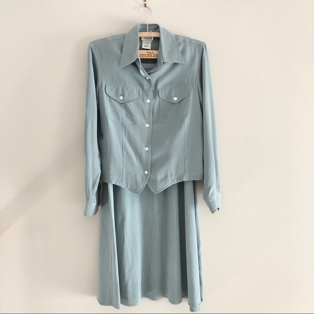 Sarah Chapman Silk Muted Green Skirt Suit Set